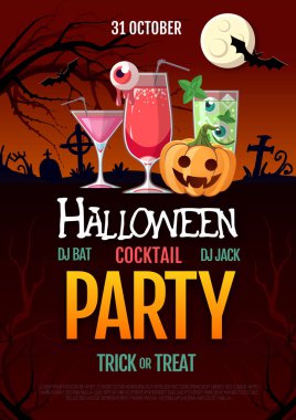 Jack o fener balkabağı ve dolunay ile Halloween discococktail parti afişi. Cadılar Bayramı arka plan
