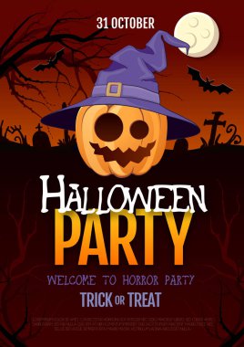 Jack o fener balkabağı ve dolunay ile Halloween disko parti afişi. Cadılar Bayramı arka plan