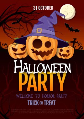 Jack o fener balkabağı ve dolunay ile Halloween disko parti afişi. Cadılar Bayramı arka plan