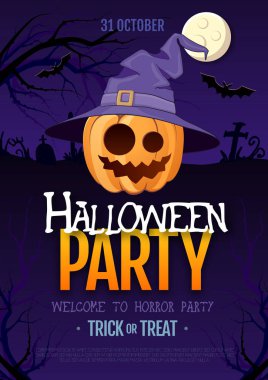 Jack o fener balkabağı ve dolunay ile Halloween disko parti afişi. Cadılar Bayramı arka plan