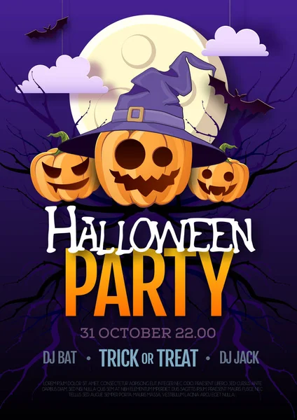 Jack o fener balkabağı ve dolunay ile Halloween disko parti afişi. Cadılar Bayramı arka plan — Stok Vektör