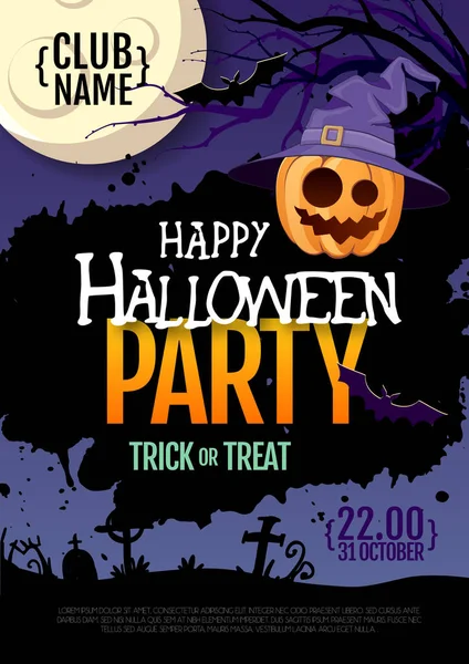 Cartel de fiesta disco de Halloween con calabaza jack o linterna y luna llena. Fondo de Halloween — Vector de stock