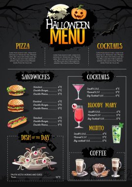 Jack o fener ile Cadılar Bayramı menü tasarımı. Restoran menüsü