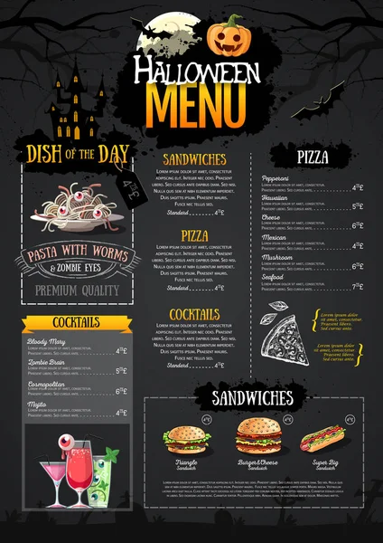 Diseño de menú de Halloween con jack o linterna. Menú restaurante — Vector de stock