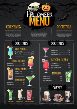 Jack o fener ile Cadılar Bayramı menü tasarımı. Restoran menüsü