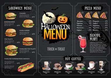 Jack o fener ile Cadılar Bayramı menü tasarımı. Restoran menüsü