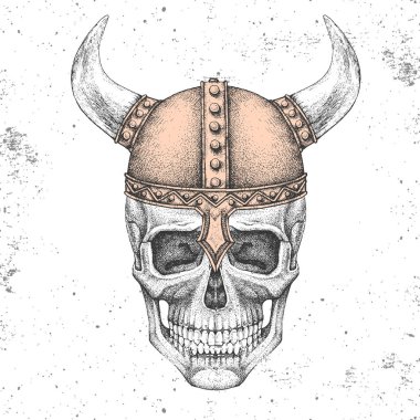 Grunge arka planda viking kaskı ile hipster kafatası çizim el. Hipster moda stili