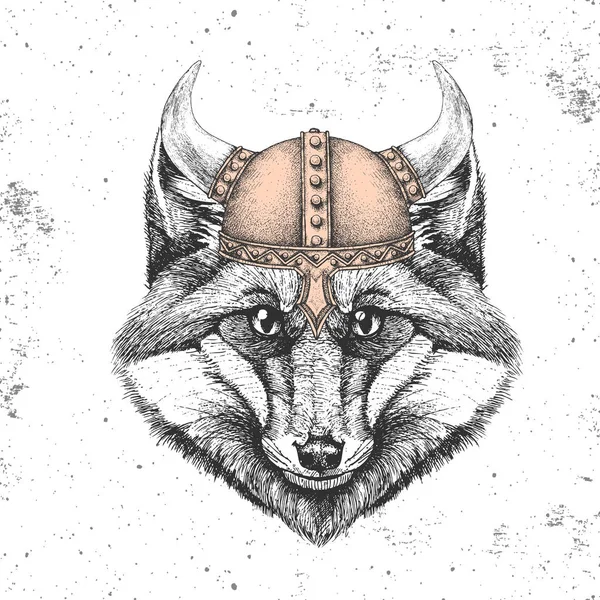 Hipster zorro animal con un casco vikingo. Dibujo a mano Bozal de zorro — Archivo Imágenes Vectoriales