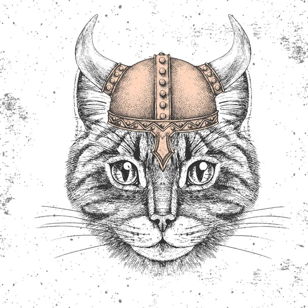 Hipster animal cat wearing a viking helmet. Hand drawing Muzzle of cat