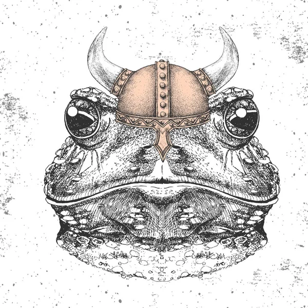 Hipster-Tierfrosch mit Wikingerhelm. Handzeichnung Maulkorb des Frosches — Stockvektor