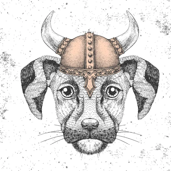 Hipster animal dog wearing a viking helmet. Hand drawing Muzzle of dog