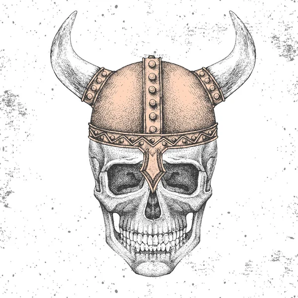 Calavera hipster dibujo a mano con casco vikingo sobre fondo grunge. Estilo de moda Hipster — Archivo Imágenes Vectoriales