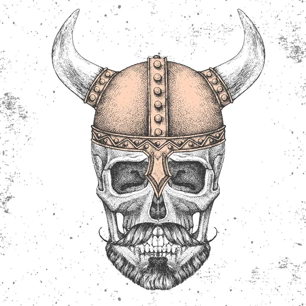 Ручной рисунок черепа хипстера со шлемом викинга на фоне гранжа. Хипстерский стиль — стоковый вектор