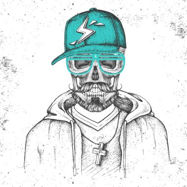 Grunge arka planda rapçi gibi giyinmiş kap ile el çizim hipster kafatası. Hipster moda stili
