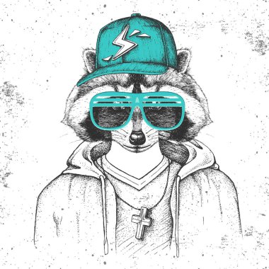 Hipster hayvan rakun rapçi gibi şapka giymiş. Rakun El çizim Namlu