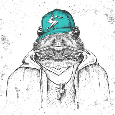 Hipster hayvan kurbağası rapçi gibi şapka giymiş. Kurbağa nın el çizimi Namlusu