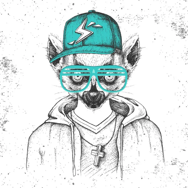 Hipsterský lemur oblečený do čepice jako rapper. Ruční kreslení čenich lemur — Stockový vektor