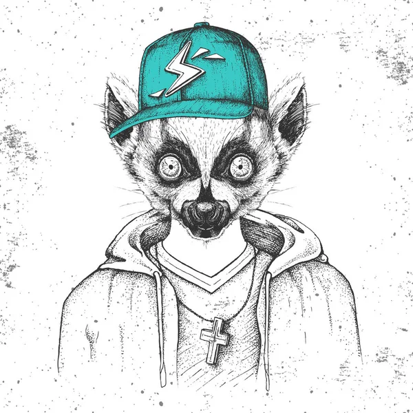 Hipster lémur animal vestido con gorra como rapero. Dibujo a mano Boquilla de lémur — Vector de stock