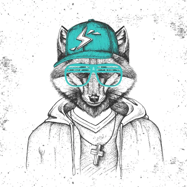 Hipster animal zorro vestido con gorra como rapero. Dibujo a mano Bozal de zorro — Vector de stock