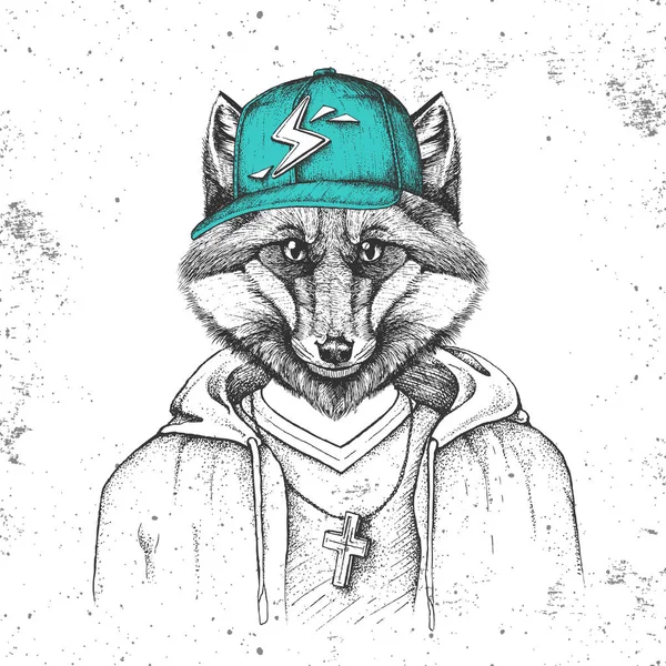 Hipster-Animal-Fox mit Mütze wie Rapper. Handzeichnung Maulkorb des Fuchses — Stockvektor