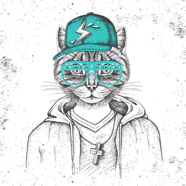 Hipster kot zwierząt ubrany w czapkę jak raper. Rysunek ręczny kaganiec kota — Wektor stockowy