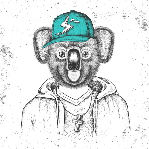 Hipster-Tier-Koala mit Mütze wie Rapper. Handzeichnung Schnauze von Koala — Stockvektor