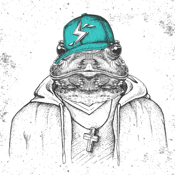 Sapo animal Hipster vestido de boné como rapper. Desenho à mão Bocal de rã — Vetor de Stock