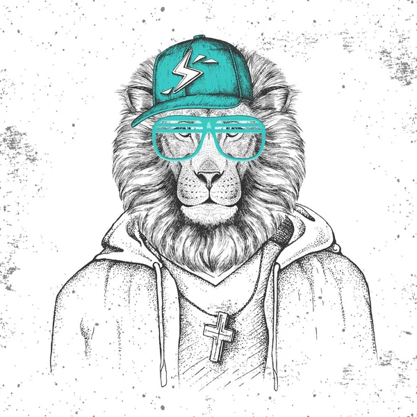 Hipster animal león vestido con gorra como rapero. Dibujo a mano Bozal de león — Vector de stock