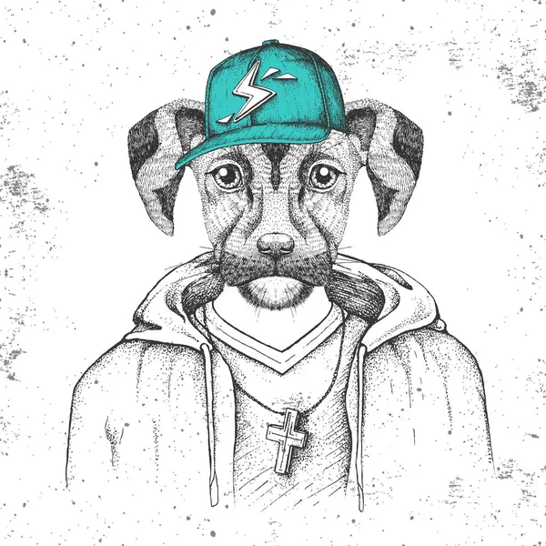 Hipster perro animal vestido con gorra como rapero. Dibujo a mano Bozal de perro — Vector de stock