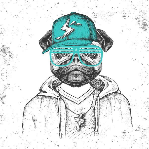 Хипстерский пес-мопс, одетый в кепку как рэппер. Ручной рисунок Морда мопса — стоковый вектор