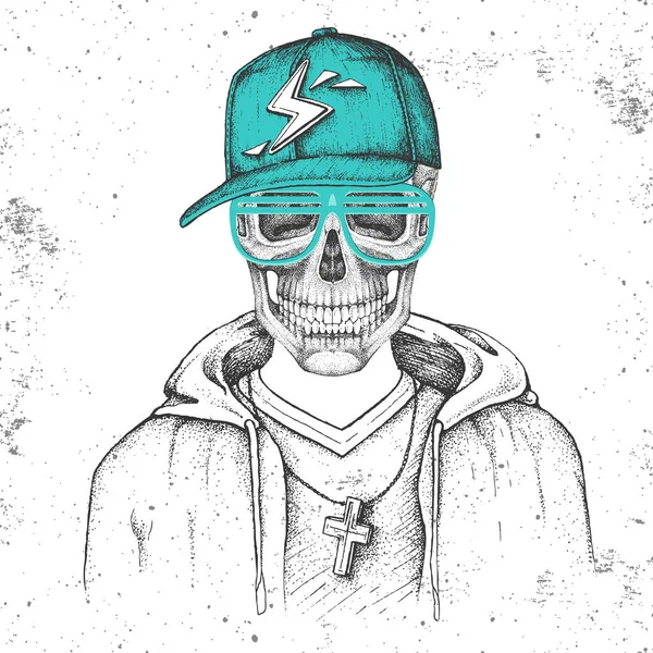 Dibujo a mano del cráneo hipster con gorra vestida como rapero sobre fondo grunge. Estilo de moda Hipster — Vector de stock