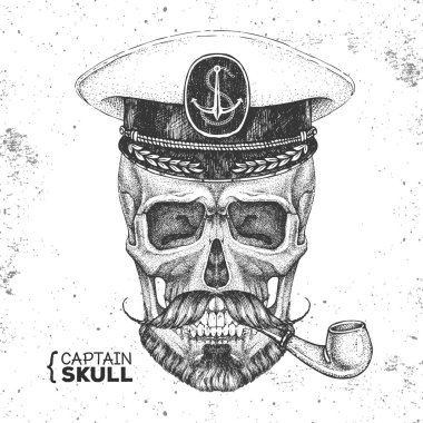 Kaptanın şapkasıyla el çizimi hippi kafatası ve arka planda sigara piposu. Hippi tarzı.