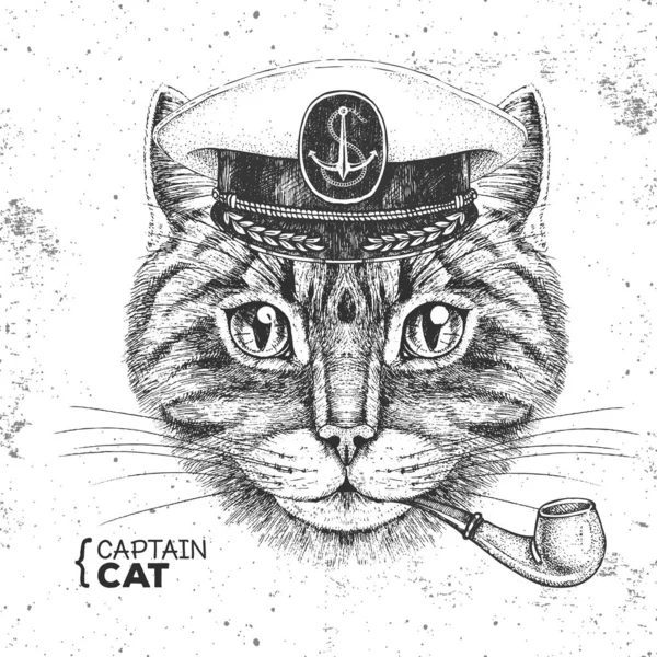 Hipster animal cat captain's cap and smoking pipe. Hand drawing Muzzle of cat