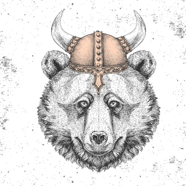 Hipster animal bear wearing a viking helmet. Hand drawing Muzzle of bear — Stock Vector