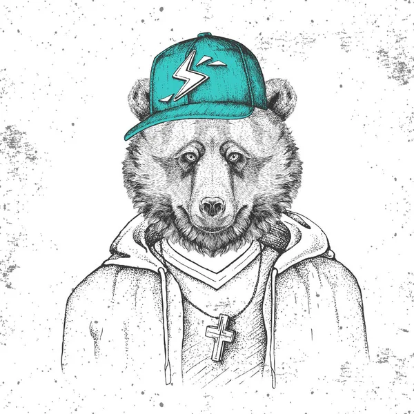 Hipster niedźwiedź zwierząt ubrany w czapkę jak raper. Rysunek ręczny kaganiec niedźwiedzia — Wektor stockowy