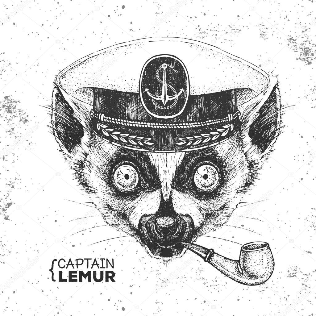 Hipster animal lemur captain's cap and smoking pipe. Hand drawing Muzzle of lemur