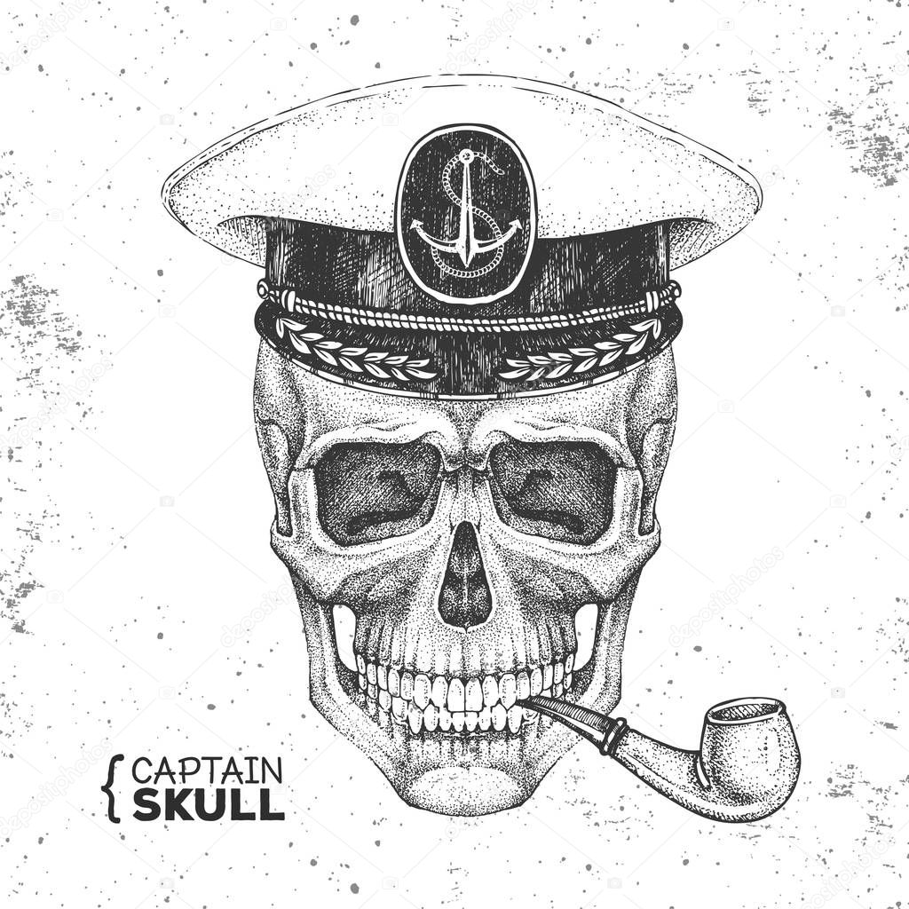 Hand drawing hipster skull with captain's cap and smoking pipe on grunge background. Hipster fashion style