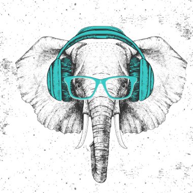 Kulaklıklı hipster hayvan fili. Hayvan filin el çizimnamlu