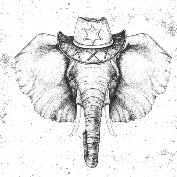 Éléphant animal Hipster rétro avec chapeau de shérif. Dessin à la main Museau d'éléphant animal — Image vectorielle