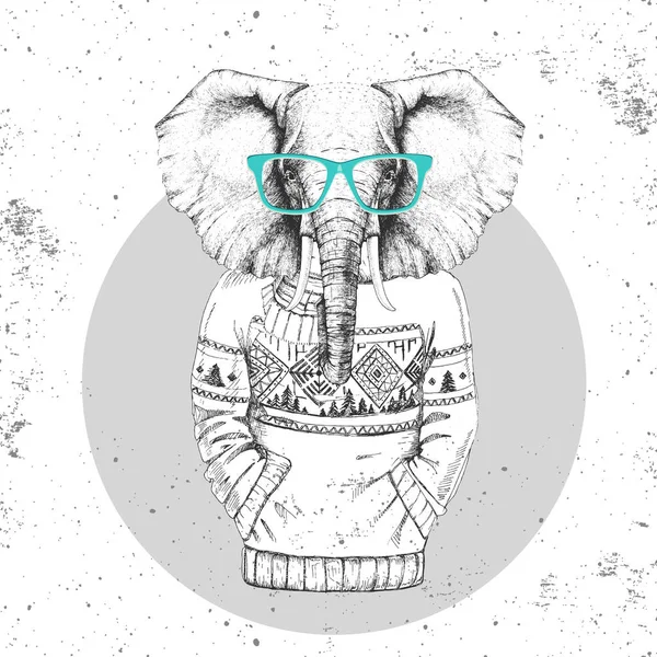 Rétro Hipster mode éléphant animal habillé en pull. Hipsters — Image vectorielle