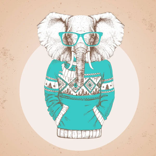 Retro Hipster moda słoń zwierząt ubrany w swetrze. Zwierzęta hipsterskie — Wektor stockowy