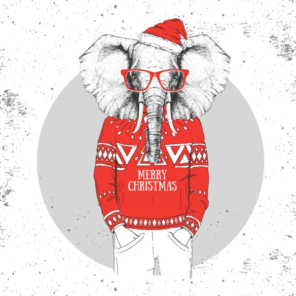 Рождественский слон-хипстер, одетый в новогоднюю шляпу и свитер — стоковый вектор
