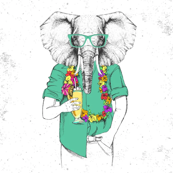 Éléphant animal Hipster rétro avec cocktail tropique — Image vectorielle