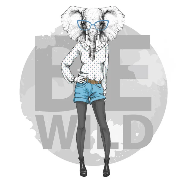 Retro Hipster elefante animal de moda. Modelo de mujer — Vector de stock