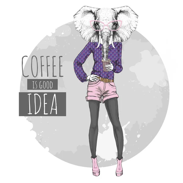 Retro Hipster elefante animal de moda con café. Modelo de mujer — Archivo Imágenes Vectoriales