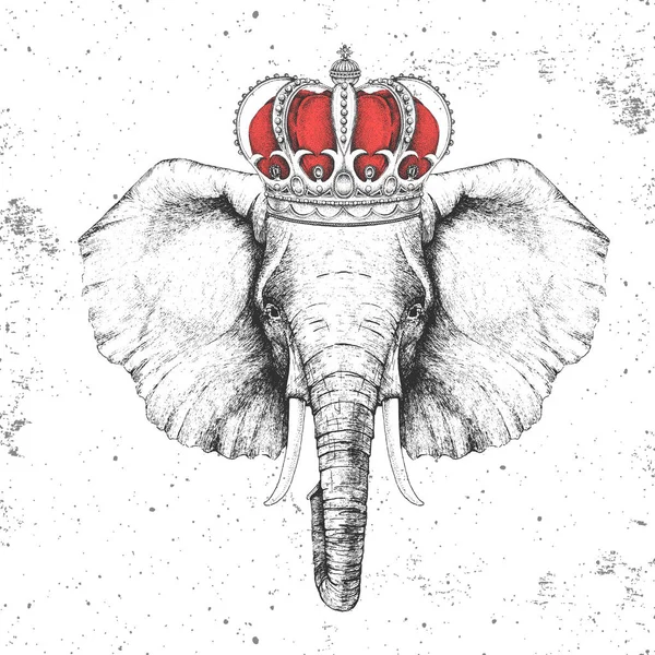 Éléphant animal hipster en couronne. Dessin à la main Museau d'éléphant — Image vectorielle