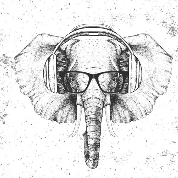 Hipster Tier Elefant mit Kopfhörer. Handzeichnung Maulkorb von Tier Elefant — Stockvektor