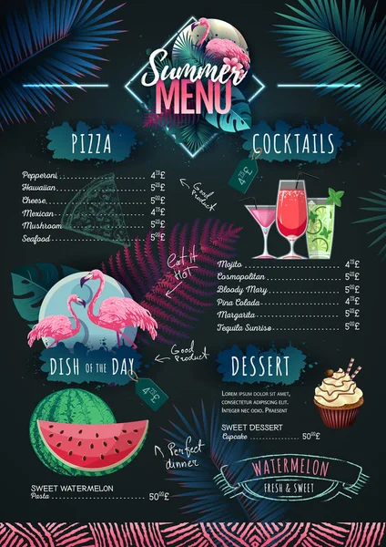 Design de menu de verão com flamingo e folhas trópicas. Menu restaurante — Vetor de Stock