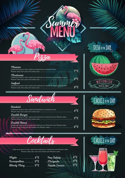 Design de menu de verão com flamingo e folhas trópicas. Menu restaurante — Vetor de Stock