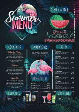 Flamingo ve tropik yapraklı yaz menüsü tasarımı. Restoran menüsü